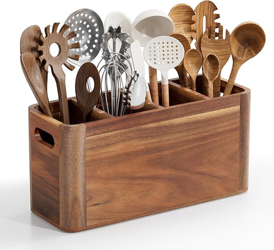 ZUJJAFY Utensil Holder, Extra Large Kitchen Utensil Holder for Counter with 4 Compartments, Wooden Kitchen Utensils Organizer for Countertop Cooking Spatula Storage, Acacia Wood
