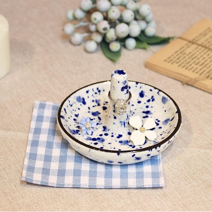 Wedding Ring Holder - Ceramic Ring Stand With Jewelry Plate, Blue Dots Jewelry Holder for Rings, Earrings, Necklace Organizer - Gift for Mom, Bridesmaid, Engagement