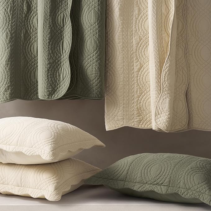 EVERGRACEHOME 100% Cotton Scallop Quilt Set, Queen Size 3 Piece Set – Lightweight Bedspread with 2 Shams, Soft Prewashed Matelasse Coverlet for Cozy and Elegant Bedding, Olive Green