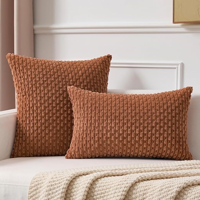 Kevin Textile Decorative Pillow Covers Set of 2 Striped Plush Corduroy Pillows Pillowcases Boho Home Decor Cushion Covers for Couch Sofa Bed Living Room 22x22 Inch, Burnt Orange
