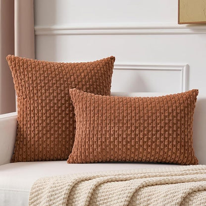 Kevin Textile Fall Decorative Pillow Covers Set of 2 Striped Plush Corduroy Pillows Pillowcases Boho Home Decor Cushion Covers for Couch Sofa Bed Living Room 18x18 Inch, Burnt Orange