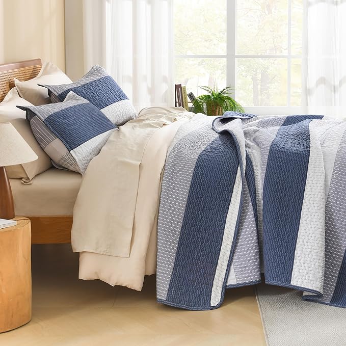 Litanika Oversized Queen Quilt Set Mineral Blue, 98x98 Stripe Bedspread Coverlet 3 Pieces, Mineral Blue Lightweight Quilted Bedding Set for All Season(Oversized Queen-1 Quilt, 2 Pillowcases)
