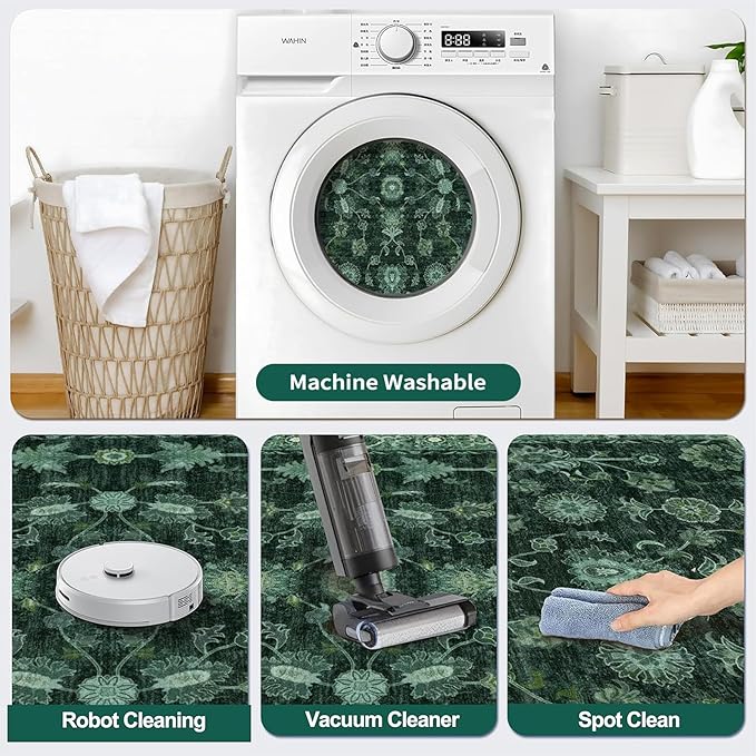 Tangsoo 2x4 Washable Entry Rug, Small Green Area Throw Rugs for Entryway Non Slip, Distressed Vintage Floral Thin Rug for Kitchen Bedroom, Low Pile Floor Carpet Front Door Mat for Entrance Foyer Decor