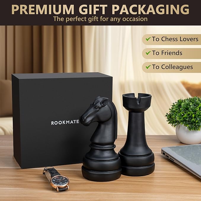 Chess Book Ends for Shelves – Elegant Decorative Bookends for Heavy Books, Office & Living Room Decor – Modern Shelf Organizer and Gift for Book Lovers (Matte Black, Arabian Mate)