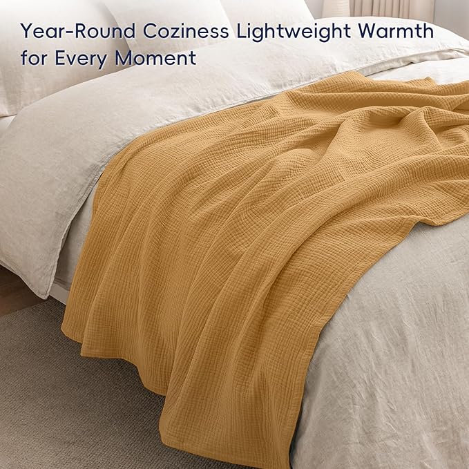 PHF 100% Cotton Muslin Throw Blanket 50" x 60", 4-Layer Lightweight Gauze Throw, Breathable Cloud-Soft Minimalist Blanket for Bed, Couch, Camping & Baby, Amber, Ideal Gift