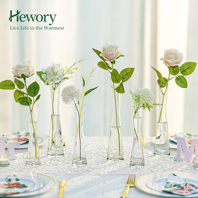 Hewory Glass Bud Vases for Centerpieces Set of 6, Handmade Modern Clear Small Skinny Decorative Single Flower Vase, Minimalist Slim Floral Vase for Home Wedding Party Events Table Decor, 7.87"