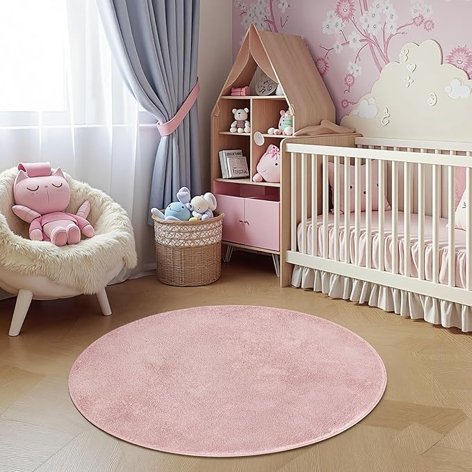 jinchan Solid Plush Round Rug 4ft Performance Shaggy Circle Rug 4' Round Washable Indoor Soft Modern Faux Wool Non Slip Carpet for Living Room Kids Room Bedroom Dining Room Pink