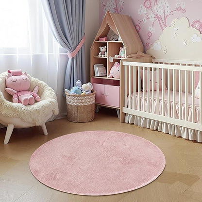 jinchan Solid Plush Round Rug 4ft Performance Shaggy Circle Rug 4' Round Washable Indoor Soft Modern Faux Wool Non Slip Carpet for Living Room Kids Room Bedroom Dining Room Pink
