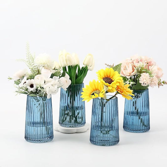 Blue Glass Vases Set of 4, Small Vases for Flowers, Flower Vase for Bouquet, Modern Ribbed Glass Vase for Living Room, Bedroom, Dining Table, Office, Wedding, Centerpieces