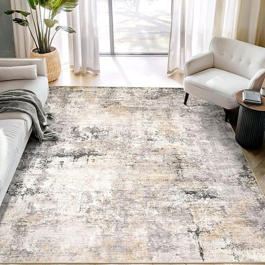 Area Rug Living Room Rugs - 6x9 Modern Abstract Soft Indoor Neutral Washable Rug Stain Resistant Non-Slip Low Pile Carpet for Bedroom Dining Room Home Office - Charcoal Grey