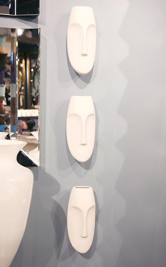 Howard Elliott Ceramic Oval Decorative Face Hanging Wall Decor Sculpture, White Matte Glazed Finish Wall Vase Decor for Living Room, Bedroom, Hallway & Entryway, 10 x 5 Inch