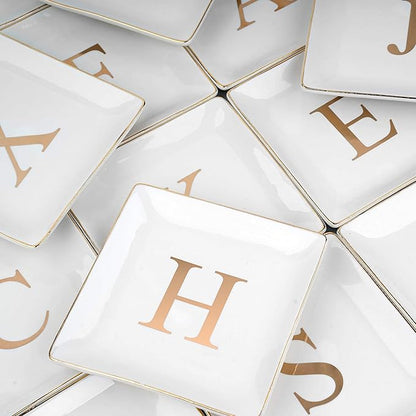 ANOTION Jewelry Tray Ring Dish with Ini-tial Gift- Personalized Trinket Dish and Jewelry Dish with Gold Initials Key Bowl Ceramic Holder, Unique Wedding or Engagement Present