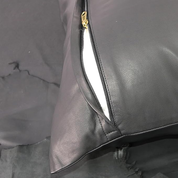 LL LEATHER LOVERS Lambskin Leather Pillow Cover - Sofa Cushion Case - Decorative Throw Covers for Living Room & Bedroom, 22x22 Inches - Black Pack of 2