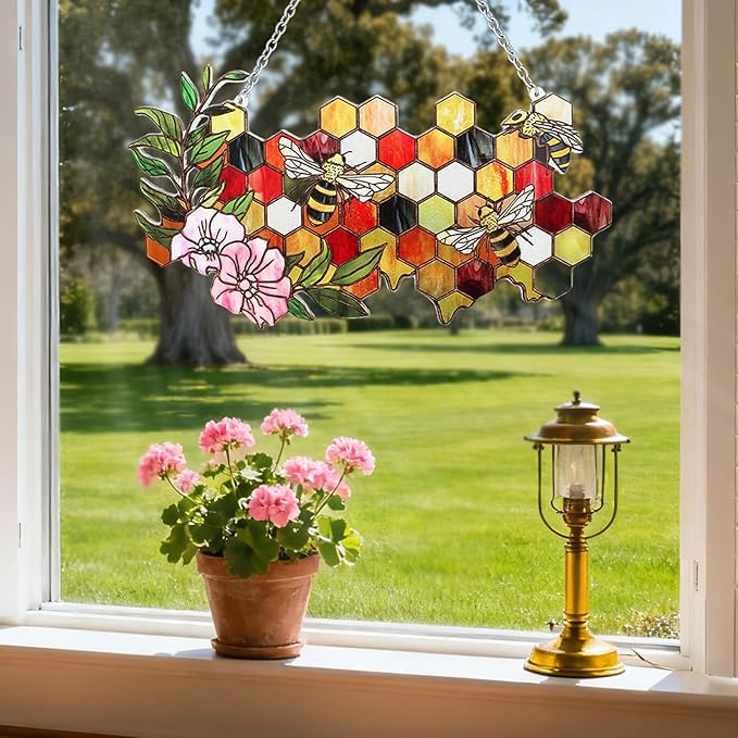 Stained Glass Suncatchers for Windows, Enlarged Stained Glass Window Hanging with Metal Chain, Garden Suncatchers for Home Decor, Garden, Patio, Gift for Nature and Bee Lovers