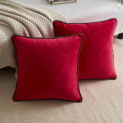 LIGICKY Set of 2 Christmas Red Velvet Throw Pillow Covers Modern Minimalist Style Solid Decorative Dark Green Rope Edging Soft Square Cushion Cases for Sofa Bedroom Party Décor, 20 x 20 inch