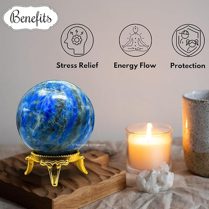 Amazing Gemstone Lapis Lazuli Crystal Ball with Stand - 1.5" Inches Crystal Sphere Meditation Balls for Witchcraft and Decorative Balls