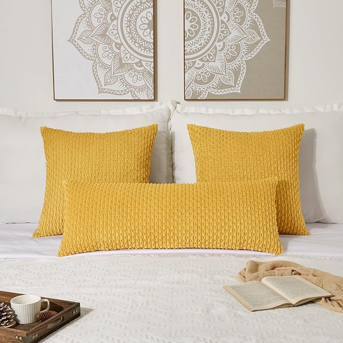 Kevin Textile 14x36 Inch Long Lumbar 1 Pack Boho Decorative Throw Pillow Cover Soft Striped Corduroy Rectangle Cushion Case Farmhouse Solid Color Accent for Living Room Couch Sofa Bed, Mustard Yellow