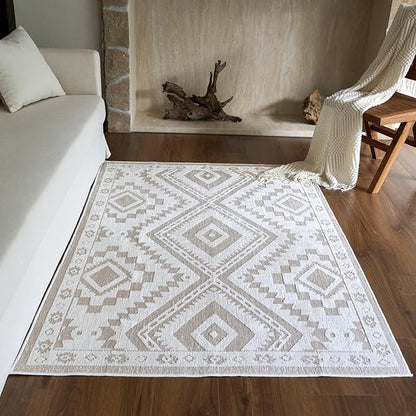 Moroccan Washable Area Rug 4x6, Geometric Decorative Woven Rug Low Pile, Non-Slip Boho Accent Farmhouse Soft Area Rug for Living Room Bedroom Laundry Nursery Kitchen, Cream/White