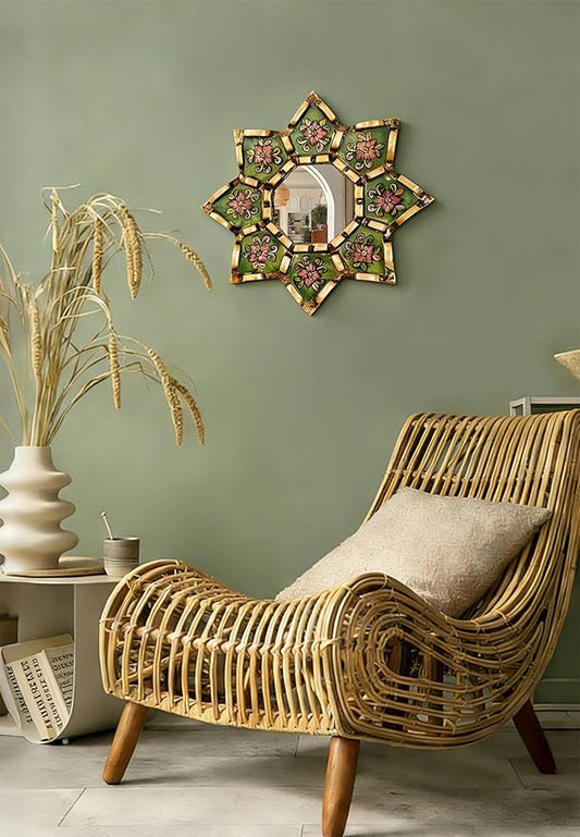 Peruvian starburst mirror Decorative Wall Mirror 11.8 Inch 2D Pattern Mirrors Small Decorative Mirrors for Living Room, Boho & Moroccan Style Mirror Wall Art with Wood Frame, Vintage Home Decor