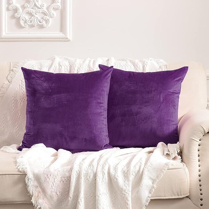 FY FIBER HOUSE Pack of 2 Velvet Throw Pillow Covers Decorative Square Pillowcase Soft Solid Cushion Case for Sofa/Couch Use, 18 x 18 Inch Purple