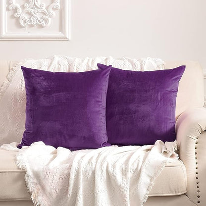 FY FIBER HOUSE Pack of 2 Velvet Throw Pillow Covers Decorative Square Pillowcase Soft Solid Cushion Case for Sofa/Couch Use, 18 x 18 Inch Purple