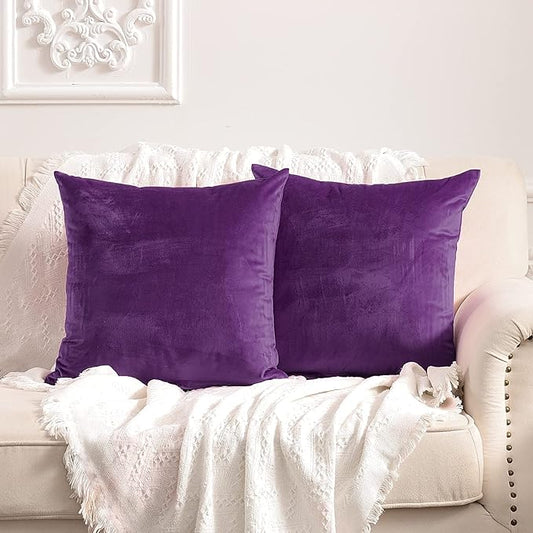 FY FIBER HOUSE Pack of 2 Velvet Throw Pillow Covers Decorative Square Pillowcase Soft Solid Cushion Case for Sofa/Couch Use, 18 x 18 Inch Purple