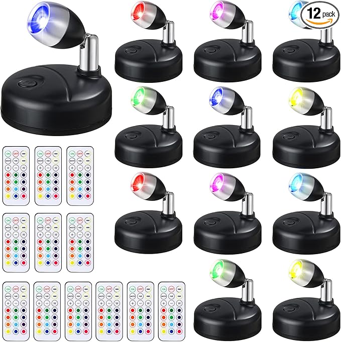 Tuanse 12 Pcs Battery Operated Spotlights Indoor LED Spot Display Lights Battery Powered Uplights 13 Colors Dimmable Mini Accent Lighting for Art Pictures Painting Closet(Black)