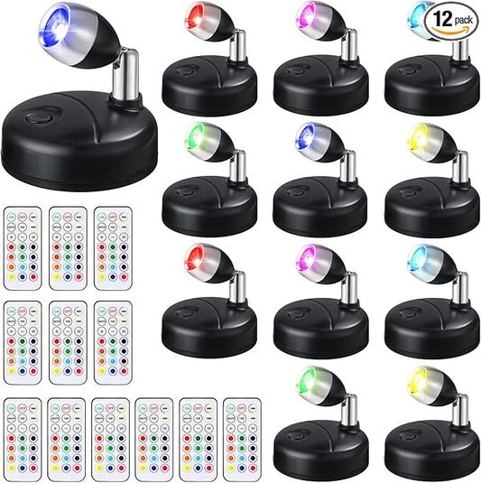 Tuanse 12 Pcs Battery Operated Spotlights Indoor LED Spot Display Lights Battery Powered Uplights 13 Colors Dimmable Mini Accent Lighting for Art Pictures Painting Closet(Black)