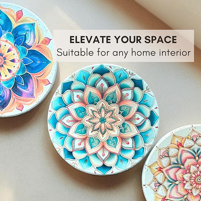 Mandala Ceramic Absorbent Coasters Set of 6 with Holder, Marble Drink Coasters for Coffee Table, Water Absorbing Coaster (Boho)