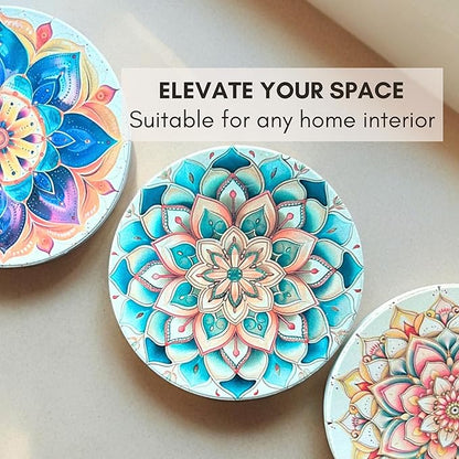 Mandala Ceramic Absorbent Coasters Set of 6 with Holder, Marble Drink Coasters for Coffee Table, Water Absorbing Coaster (Boho)