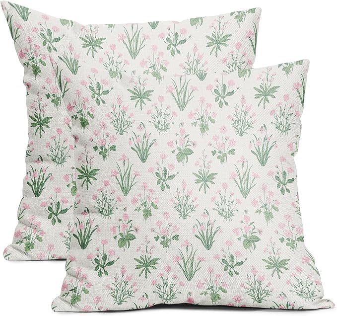 Pink Green Block Print Pillow Covers 16x16 Set of 2 Decorations Vintage Floral Throw Pillow Covers Decor Rustic Pillowcases Flower Pattern Farmhouse Soft Cozy for Sofa Bed Chair Home Decorative