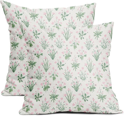 Pink Green Block Print Pillow Covers 18x18 Set of 2 Decorations Vintage Floral Throw Pillow Covers Decor Rustic Pillowcases Flower Pattern Farmhouse Soft Cozy for Sofa Bed Home Chair Decorative