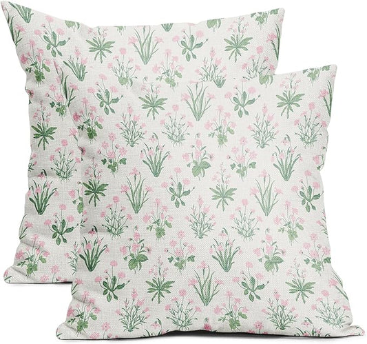 Pink Green Block Print Pillow Covers 18x18 Set of 2 Decorations Vintage Floral Throw Pillow Covers Decor Rustic Pillowcases Flower Pattern Farmhouse Soft Cozy for Sofa Bed Home Chair Decorative