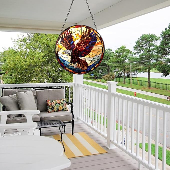 Eagle Stained Glass Window Hanging, 7.8" Round Sun Catcher Hand Painted Wall Art Decor with Chain, Unique Housewarming Gifts for Couples, Home