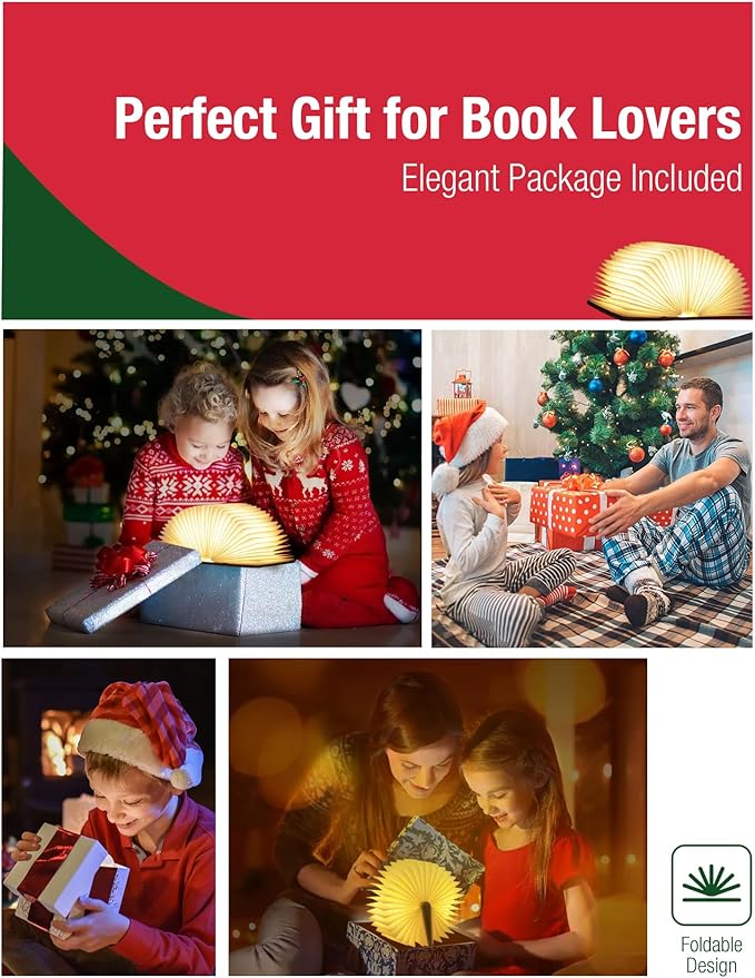 5.7 Inch Wooden Book Lamp - Portable Folding LED Book Light for Reading, Home & Library Decor, Unique Gift for Book Lovers, Magnetic Night Light (Walnut)