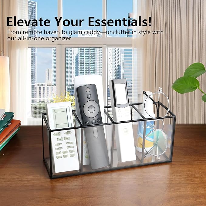 Pencil Holder for Desk,Tempered Glass Pen Holder,3&4 Compartments,Desktop Storage Organizer for Office Supplies,School Supplies,Pens,Markers,Pencils,Scissors,Paperclips (Black, 4 compartments)