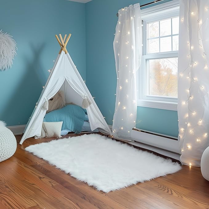 Small 2x3 Faux Fur Rug - White Fluffy Mat for Bedroom - Small White Fur Carpet for Bedside - Kids Bedroom Decor