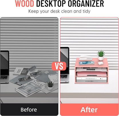 Wood Desk Organizer, 3 Tier Paper Tray Organizer for Desk with Adjustable Storage Shelves, Desktop File Organization Paper Sorter Mail Holder for Office Home Classroom, Pink