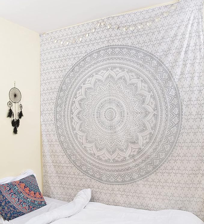 raajsee Silver Grey Mandala Wall Hanging – Aesthetic Indie Decor for Bedroom – Boho Trippy Small 30x40 Inches