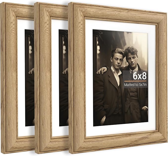 Heimlove 6x8 Picture Frame,6 x 8 Solid White Oak Photo Frame with Tempered Glass,6"x8" Handcrafted Wood Frame Matted to 5x7 Photos for Wall or Tabletop Family picture Display,3 Pack