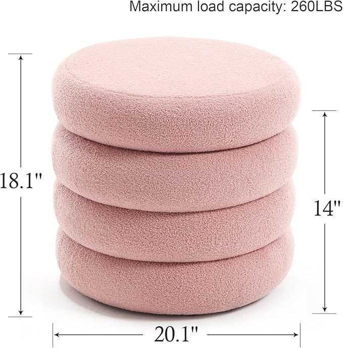 Flouki 20.1" Storage Ottoman Round, Vanity Stools for Bedroom, Sherpa Pouf Ottoman with Removable Lid, Modern Ottoman Stool for Girls Women, Foot Stool for Living Room, Pink