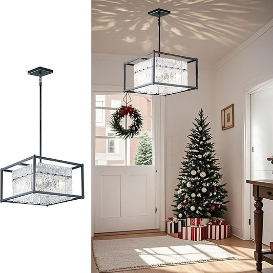 IKK Modern Foyer Chandelier, Black Crystal Chandelier for Dining Room, Square Entryway Light Fixture Hanging, Easily Adjustable Height Glass Chandeliers for Kitchen Island, Elegant Water Ripple