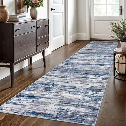 2.6x10 Modern Abstract Runner Rug for Hallways, Navy Blue Gray Neutral Multi Super Soft Hallway Decor Kitchen Rugs with Non-Slip, Non-Shedding Washable Rug for Entryway Bedroom Indoor