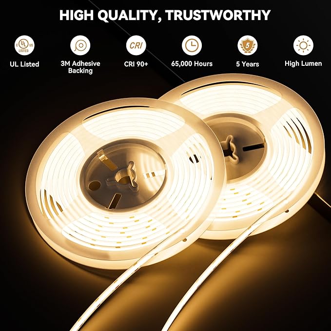 PAUTIX COB LED Strip Lights 40ft/12.2m Super Bright,504 LEDs/m Warm White 3000K CRI90+ Flexible LED Tape 24V for Cabinet Home DIY Lighting Projects with 2pcs COB Connector(Power Supply Not Included)