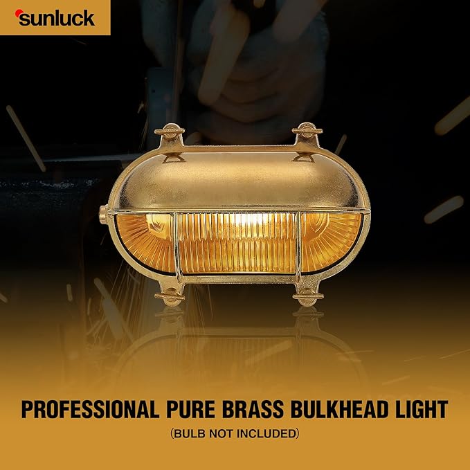 Sunluck Brass Nautical Bulkhead Light,Grid Oval Wall Light,Brass Half Cover Lampshade,Ceiling Mount Light,Waterproof IP65,Rust Resistant,for Wet Location Bath,Seaside,Ship,Basement