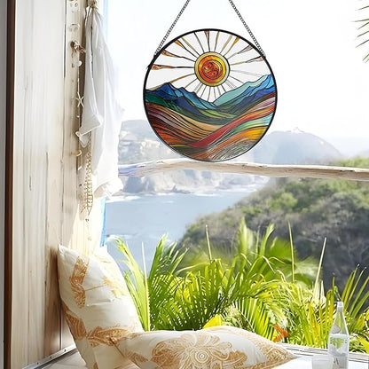 Sun Mountains Stained Glass Window Hanging, 9.8’’Sun Catcher Glass Panel Boho Wall Art Decor with Chain, Hand Painted Round Glass Gifts for Couples, Housewarming Gift