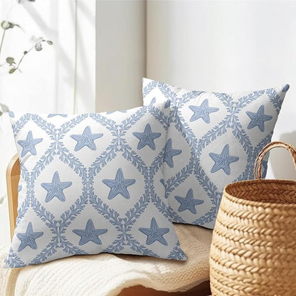 Coastal Pillow Covers 24x24 Set of 2 Ocean Starfish Pattern Decorative Light Blue Pillowcases Outdoor Beachy Throw Pillow Covers with Zipper Soft Cozy for Sofa Bed Chair Living Room Home Decor