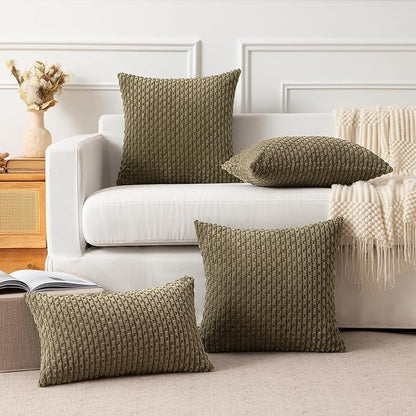 Kevin Textile Pack of 2 Corduroy Decorative Throw Pillow Covers 24x24 Inch Soft Boho Striped Pillow Covers Modern Farmhouse Home Decor for Sofa Living Room Couch Bed Olive Green