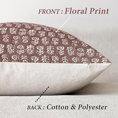 Foindtower Set of 2 Decorative Vintage Floral Print Throw Pillow Covers Neutral Modern Farmhouse Cushion Covers Boho Home Decor for Sofa Chair Couch Bedroom Living Room,18×18 Inch,Wine Red