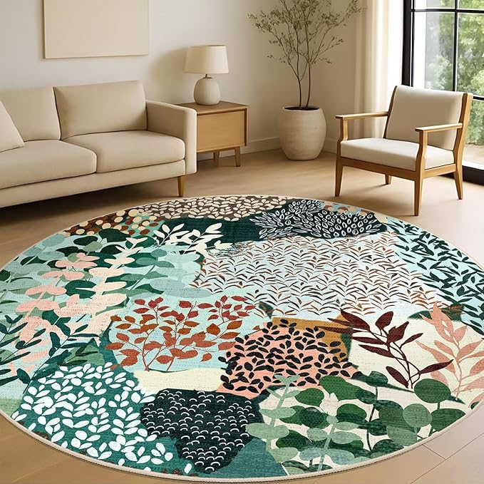 DEXDE Large Round Rug 9ft Washable Circle Area Rugs, Non Slip Low Pile Boho Floral Circular Carpet for Bedroom Bathroom Entryway Kids Room Office Dining Room, Dark Green